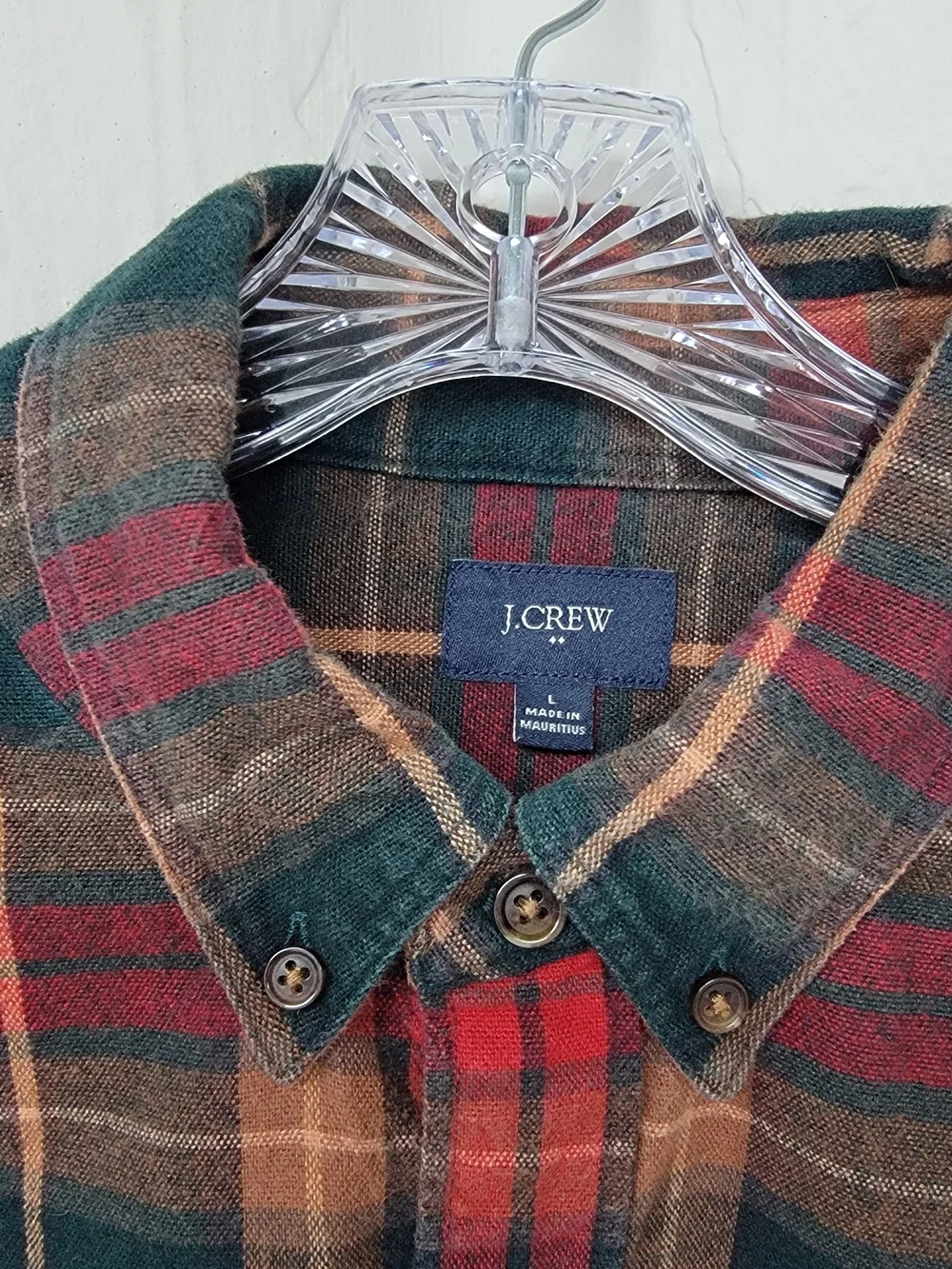 J.Crew Men's L Plaid Flannel Shirt Button Down Red Green Elbow Patches Western